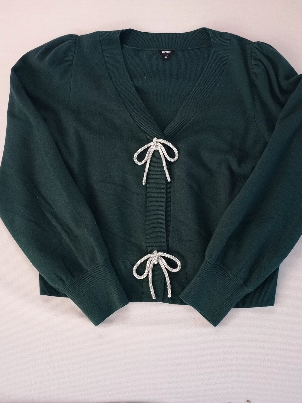 Express Forest Green Tie-Front Puff Sleeve Cardigan